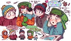 5boys beanie black_hair blue_eyes brothers brown_hair coat commentary_request double_chin eric_cartman fat freckles fur_hat gloves good_meal green_eyes green_gloves green_hat hat ike_broflovski jacket kenny_mccormick korean_commentary kyle_broflovski long_sleeves male_focus multiple_boys multiple_views orange_coat orange_hair orange_jacket pom_pom_(clothes) pom_pom_beanie short_hair siblings smile south_park south_park_(style) stan_marsh ushanka 