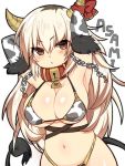  1girl animal_print armpits arms_up bikini blonde_hair blush breasts brown_eyes chains character_name collar cow_girl cow_horns cow_print cow_tail dog_collar elbow_gloves fur_trim gloves heart highleg highleg_panties horn_ribbon horns large_breasts long_hair looking_at_viewer mofuaki open_mouth original panties ribbon simple_background solo swimsuit tail underwear white_background 