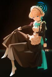  1girl absurdres apron black_background black_gloves blonde_hair blue_archive blue_bow blue_bowtie blue_eyes blue_halo boots bow bowtie breasts chest_harness closed_mouth commentary dress fingerless_gloves from_side full_body gloves halo harness high_heel_boots high_heels highres korean_commentary long_dress long_hair looking_at_viewer maid maid_apron maid_headdress nozik_1111 simple_background sitting small_breasts solo toki_(blue_archive) white_boots 