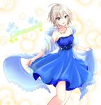  1girl anastasia_(idolmaster) bare_shoulders blue_dress blue_eyes blush breasts character_name cleavage cyrillic dress idolmaster idolmaster_cinderella_girls jewelry looking_at_viewer medium_breasts necklace open_mouth popon_ta shawl short_hair silver_hair smile solo 