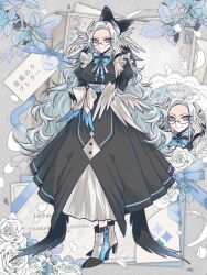  1girl absurdres adjusting_eyewear angel_wings aotsuki_eito black_bow black_dress blue_bow bow breasts chinese_commentary commentary_request dress evarina55 genderswap genderswap_(mtf) glasses grey_hair hair_bow hand_up head_wings high_heels highres juliet_sleeves large_bow large_breasts long_hair long_sleeves looking_at_viewer low_wings puffy_sleeves solo the_hundred_line_-last_defense_academy- two-tone_bow very_long_hair violet_eyes white_bow wings 