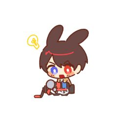  1boy absurdres animal_ears animification blue_eyes bright_pupils build_driver commentary_request extra_ears heterochromatic_eyewear highres kamen_rider kamen_rider_build_(series) kiryuu_sento kkanyong_9s korean_commentary light_bulb male_focus open_mouth rabbit_ears rabbit_fullbottle red_eyes rider_belt short_hair simple_background solo tank_fullbottle tinted_eyewear white_background white_pupils 