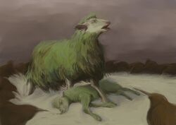  absurdres anguish_(schenck) animal animal_focus baby_animal bird buck_(kiwibank) commentary death derivative_work english_commentary fine_art_parody highres impwurt kiwi_(bird) kiwibank lamb new_zealand no_humans parody sheep 