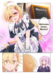 1boy 1girl :o absurdres aether_(genshin_impact) ahoge alternate_costume apron black_bow black_bowtie black_dress black_jacket blonde_hair blue_eyes blush bow bowtie braid braided_ponytail citlali_(genshin_impact) closed_mouth collarbone commentary crossdressing crossdressing_(mtf) drawstring dress earrings english_commentary english_text enmaided facial_mark forehead_mark genshin_impact hair_between_eyes highres holding holding_tray hood hood_down hooded_jacket jacket jewelry long_hair looking_at_another maid male_maid midori_(midori13579) open_mouth pink_pupils puffy_short_sleeves puffy_sleeves revision short_sleeves single_earring speech_bubble teeth tray triangle triangle_facial_mark upper_teeth_only very_long_hair white_apron x_mouth yellow_eyes 
