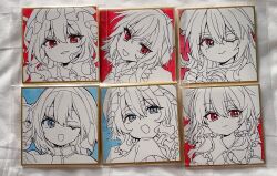  6+girls :d alice_margatroid ascot bandaged_arm bandages blue_eyes bow bowtie bun_cover capelet closed_mouth commentary_request cone_horns double_bun flandre_scarlet frilled_bow frilled_hair_tubes frills hair_between_eyes hair_bow hair_bun hair_tubes hairband hakurei_reimu hat hayuk0 highres horns ibaraki_kasen kijin_seija looking_at_viewer mob_cap multiple_girls one_eye_closed one_side_up open_mouth photo_(medium) red_eyes saigyouji_yuyuko shanghai_doll shikishi small_horns smile touhou traditional_media wings 