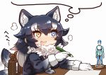  1girl animal_ears black_hair blue_eyes blush fang fur_collar gloves grey_wolf_(kemono_friends) heterochromia kemono_friends long_hair lucky_beast_(kemono_friends) multicolored_hair necktie open_mouth pencil saliva smile solo tail tanaka_kusao thought_bubble two-tone_hair white_background wolf_ears wolf_tail yellow_eyes 