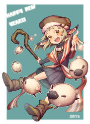  1girl 2016 animal_ears blue_background boots brown_boots brown_hat chinese_zodiac commentary_request full_body green_eyes green_hair happy_new_year hat holding kiitos looking_at_viewer open_mouth original sheep sheep_ears sheep_girl shepherd's_crook simple_background smile solo year_of_the_goat 