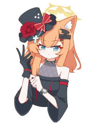  1girl adjusting_clothes adjusting_gloves animal_ear_fluff animal_ears apricotlemontea black_dress black_gloves black_hat blue_archive blue_eyes blush cat_ears commentary cropped_torso cross detached_sleeves double-parted_bangs dress flower gloves hair_between_eyes hair_ornament halo hat long_hair looking_at_viewer mari_(blue_archive) orange_hair red_flower red_rose rose sidelocks simple_background sleeveless sleeveless_dress solo tilted_headwear top_hat upper_body watch white_background yellow_halo 