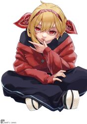  1girl absurdres artist_name black_pants black_shoes blonde_hair bow closed_mouth commentary finger_to_mouth full_body hair_between_eyes hair_bow hairband highres hololive hololive_indonesia kaela_kovalskia kaela_kovalskia_(4th_costume) long_sleeves looking_at_viewer pants red_eyes red_hairband sanoh's_canvas shoes sitting solo tagme virtual_youtuber white_background 