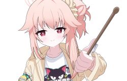  1girl absurdres blue_archive blush bright_pupils commentary_request drumsticks hair_bun halo highres holding holding_drumsticks jacket korean_commentary logo_print long_hair long_single_sidelock long_sleeves looking_at_viewer natsu_(band)_(blue_archive) natsu_(blue_archive) official_alternate_costume open_clothes open_jacket pink_hair pink_halo poorunii portrait red_eyes shirt simple_background single_side_bun smile solo sweat transparent_background white_pupils white_shirt yellow_jacket 