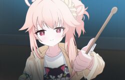  1girl absurdres blue_archive blush bright_pupils commentary_request drumsticks hair_bun halo highres holding holding_drumsticks jacket korean_commentary logo_print long_hair long_single_sidelock long_sleeves looking_at_viewer natsu_(band)_(blue_archive) natsu_(blue_archive) official_alternate_costume open_clothes open_jacket pink_hair pink_halo poorunii portrait red_eyes shirt single_side_bun smile solo sweat white_pupils white_shirt yellow_jacket 