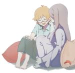  2girls :d barefoot brown_hair chin_rest closed_eyes freckles glasses henpei_saboten highres little_witch_academia long_hair lotte_jansson multiple_girls mushroom open_mouth orange_hair pajamas pillow short_hair sitting smile sucy_manbavaran white_background 