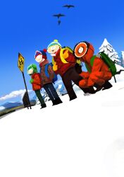  4boys absurdres beanie brown_jacket coat commentary_request ct21k double_chin eric_cartman fat fat_man full_body fur-trimmed_hood fur_hat fur_trim gloves green_hat hat highres hood jacket kenny_mccormick kyle_broflovski long_sleeves male_focus multiple_boys orange_coat orange_jacket orange_pants pants parka pom_pom_(clothes) pom_pom_beanie red_jacket south_park stan_marsh ushanka yellow_gloves 