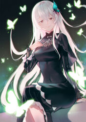  1girl aqua_butterfly black_dress bug butterfly butterfly_hair_ornament commentary_request dress echidna_(re:zero) glowing_butterfly green_butterfly grey_eyes hair_between_eyes hair_ornament hand_on_own_chest highres kani_(kkk_kani) light_smile long_hair looking_at_viewer re:zero_kara_hajimeru_isekai_seikatsu sitting solo white_hair 