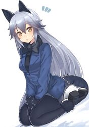  1girl animal_ears bangs between_legs black_gloves black_legwear blush boots bow bowtie brown_eyes commentary_request eyebrows_visible_through_hair fox_ears fox_tail fur_trim gloves hair_between_eyes highres jacket kame^^ kemono_friends long_hair long_sleeves looking_at_viewer multicolored_hair open_mouth pantyhose pleated_skirt silver_fox_(kemono_friends) silver_hair simple_background sitting skirt solo tail v_arms wariza white_background 