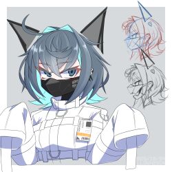  1girl ahoge aqua_eyes aqua_hair black_hair colored_inner_hair commentary_request earrings grey_background hair_intakes highres id_card jacket jewelry looking_at_viewer mask menou_74 mouth_mask multicolored_hair original ringed_eyes short_hair sketch_inset sleeves_past_fingers sleeves_past_wrists straitjacket two-tone_hair variant_set white_jacket 