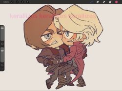  >_o 2boys beard_stubble black_gloves blonde_hair blue_eyes brown_hair character_request clenched_teeth coat company_connection crossover dancing deformed devil_may_cry_(series) facial_hair full_body gloves highres kerallizes leon_s._kennedy looking_at_another multiple_boys one_eye_closed open_clothes open_coat red_coat resident_evil resident_evil_requiem short_hair stubble teeth 