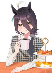  1girl ahoge animal_ears black_hair blush cake closed_mouth cup ear_tag earrings food hair_between_eyes hair_ornament hair_scrunchie highres holding holding_cup horse_ears horse_girl jewelry long_bangs long_hair long_hair_between_eyes long_sleeves looking_at_viewer manhattan_cafe_(umamusume) multicolored_hair scrunchie shirt single_earring smile solo sweater teio_420 tiered_tray umamusume white_hair white_shirt yellow_eyes 