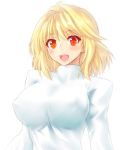  1girl :d ahoge arcueid_brunestud blonde_hair blush breasts energy_sword hair_intakes highres large_breasts looking_at_viewer minarai_tenna open_mouth red_eyes short_hair simple_background slit_pupils smile sweater sword tsukihime turtleneck upper_body weapon white_background 