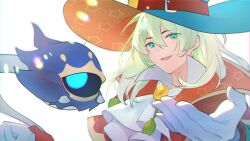  1boy absurdres aqua_eyes ascot belt blue_eyes blue_hat cape commentary_request familiar ghost gloves green_hair hair_between_eyes hat hat_belt highres lclfc looking_at_viewer male_focus medium_hair neck_tassel one-eyed open_mouth orange_cape orange_hat portrait print_capelet print_headwear puyopuyo puyopuyo_quest red_belt rozatte_(puyopuyo) simple_background smile star_(symbol) star_print tassel two-sided_fabric two-sided_headwear white_ascot white_background white_gloves witch_hat 