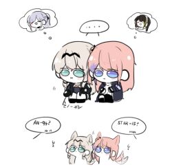  ak-12_(girls'_frontline) an-94_(girls'_frontline) animal_ears bad_id bad_twitter_id blonde_hair chibi chibi_only deng_(noplan3321) excited girls_frontline hair_ornament hairband m4a1_(girls'_frontline) pink_hair sad sitting speech_bubble st_ar-15_(girls'_frontline) tail writing 