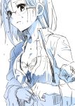  1girl armband blue bow bow_bra bra breasts cleavage dress_shirt glasses hands_up looking_at_viewer medium_breasts monochrome parted_lips partially_unbuttoned paseri rimless_glasses school_uniform shirt sketch solo unbuttoned unbuttoned_shirt underwear wet wet_clothes wet_shirt 