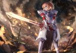  &gt;:d 1girl armor bangs battlefield blonde_hair blurry braid breastplate clarent clouds cloudy_sky corpse depth_of_field fate/apocrypha fate/grand_order fate_(series) faulds feet_out_of_frame fire flaming_sword french_braid from_below full_armor gauntlets green_eyes hair_between_eyes holding holding_sword holding_weapon knight legs_apart loincloth long_hair looking_away looking_to_the_side mordred_(fate) mordred_(fate)_(all) open_mouth outdoors parted_lips planted_sword planted_weapon ponytail revision shield short_hair shoulder_armor sishenfan sky smile solo_focus spaulders standing sword teeth vambraces weapon 