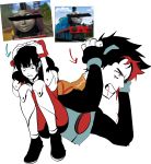  1boy 1girl black_hair blood censored clenched_teeth constricted_pupils edward_the_blue_engine freckles glasses_enthusiast hands_on_own_head highres identity_censor multicolored_hair nosebleed pilot_suit rosie_the_tank_engine simple_background squatting streaked_hair teeth thomas_the_tank_engine white_background 