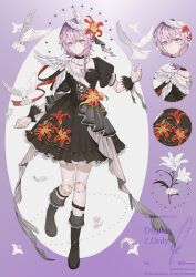  1girl 9lana bird black_boots black_dress black_wrist_cuffs boots braid closed_mouth collar commentary_request detached_collar doll_joints dove dress falling_feathers feathers flower frilled_collar frills gradient_background green_eyes hair_between_eyes hair_flower hair_ornament hand_up highres indie_utaite joints kanmei_(kanmei_9luv) knee_strap lily_(flower) looking_ahead medium_hair puffy_short_sleeves puffy_sleeves purple_background purple_hair short_sleeves side_braid single_braid solo standing white_wings wing_hair_ornament wing_ornament wings wrist_cuffs 