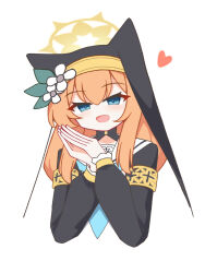  1girl animal_ear_headwear apricotlemontea black_jacket blue_archive blue_eyes blue_neckerchief blush commentary cropped_torso double-parted_bangs flower hair_between_eyes hair_flower hair_ornament halo heart highres jacket long_hair long_sleeves looking_at_viewer mari_(blue_archive) neckerchief nun_headdress open_mouth orange_hair sailor_collar shirt sidelocks simple_background solo trinity_general_school_logo upper_body white_background white_flower white_sailor_collar white_shirt yellow_halo 