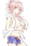  1boy alternate_costume alternate_hairstyle citron_82 fate/apocrypha fate_(series) hair_ornament hair_scrunchie hands_together long_hair looking_at_viewer male_focus navel pink_eyes pink_hair ponytail ribbon rider_of_black scrunchie shorts simple_background sketch trap white_background wristband 