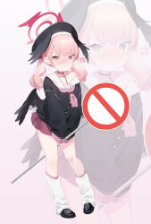  1girl absurdres anger_vein beret black_cardigan black_wings blue_archive blush body_markings cardigan flower full_body hair_flower hair_ornament halo haru_0104 hat head_wings highres holding holding_sign koharu_(blue_archive) loafers looking_to_the_side loose_socks low_twintails low_wings medium_hair miniskirt neckerchief no_entry_sign nose_blush pink_background pink_eyes pink_hair pink_halo pink_skirt pleated_skirt road_sign shoes sign single_off_shoulder skirt sleeves_past_fingers sleeves_past_wrists socks solo strap_slip twintails wavy_mouth white_socks wings zoom_layer 