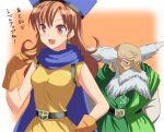  1boy 1girl alena_(dq4) blush breasts brown_hair cape clift curly_hair dragon_quest dragon_quest_iv earrings gloves hat hyakuen_raitaa jewelry long_hair medium_breasts open_mouth red_eyes 
