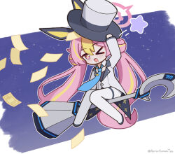  >_o 1girl animal_ears apricotlemontea banknote black_leotard black_shoes blonde_hair blue_archive blue_necktie blush border broom broom_riding chibi coat commentary_request detached_collar double-parted_bangs fading_border fake_animal_ears fang flying full_body hair_between_eyes hat hat_tip koyuki_(blue_archive) koyuki_(bunny)_(blue_archive) leotard long_hair long_sleeves money multicolored_hair necktie night official_alternate_costume one_eye_closed open_mouth pantyhose pink_eyes pink_hair purple_sky rabbit_ears shoes sidelocks sitting skin_fang sky solo sparkling_eyes star_(sky) star_(symbol) streaked_hair top_hat twintails twitter_username very_long_hair white_border white_coat white_hat white_pantyhose 