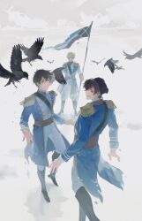  3boys absurdres bags_under_eyes beanie belt bird black_boots black_hat blonde_hair blue_coat blue_eyes boots brown_hair chinese_commentary coat commentary_request crow dream_smp english_commentary epaulettes flag from_behind full_body gold_trim hair_between_eyes hat high_collar highres holding holding_flag l'manberg_flag l'manberg_uniform looking_at_viewer looking_back male_focus military_uniform minecraft_youtube mixed-language_commentary multicolored_coat multiple_boys outdoors outstretched_hand pants red_belt sash shichimi_(bilibili_1771495968) short_hair shoulder_strap smile snow straight-on tailcoat torn_clothes torn_coat torn_flag two-tone_coat walking white_background white_coat white_pants 