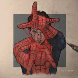  1boy absurdres art_tools_in_frame artist_name black_hair blood blood_from_mouth blood_on_face cat's_cradle commentary cuts highres injury male_focus marvel murizzsu peter_parker solid_eyes solo spider-man spider-man:_brand_new_day spider-man_(series) superhero_costume upper_body 