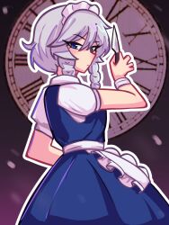 1girl apron blue_dress blue_eyes braid collared_shirt commentary dress english_commentary grey_hair highres holding holding_knife izayoi_sakuya knife long_hair looking_at_viewer maid maid_headdress outline pinafore_dress qwinniup roman_numeral shirt sleeveless sleeveless_dress solo touhou twin_braids waist_apron white_apron white_outline white_shirt 