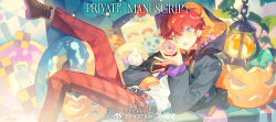  1boy amagi_hiiro belt black_jacket blue_eyes boots cake candy commentary ensemble_stars! food fruit hair_between_eyes halloween highres holding holding_food hood hoodie jack-o'-lantern jacket long_sleeves looking_at_viewer male_focus necktie nomi_tongxue open_mouth pants plaid_clothes plaid_pants pumpkin red_hair red_pants shirt short_hair sleeves_past_wrists solo white_shirt 