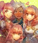 1boy 3girls blush boey_(fire_emblem) breastplate brown_eyes cape celica_(fire_emblem) circlet curly_hair dark_skin earrings fingerless_gloves fire_emblem fire_emblem_echoes:_mou_hitori_no_eiyuuou gloves hairband jenny_(fire_emblem) jewelry kash-phia long_hair mae_(fire_emblem) multiple_girls one_eye_closed open_mouth pink_hair portrait red_eyes redhead staff teeth tongue tongue_out twintails v white_hair 