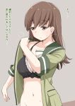  1girl bra breasts brown_eyes brown_hair changing_clothes eyebrows_visible_through_hair kantai_collection kichihachi large_breasts long_hair navel ooi_(kantai_collection) school_uniform serafuku solo translation_request underwear undressing 