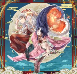  2girls absurdres alternate_costume black_boots black_eyes black_hair boots border bow branch brown_sandals brown_socks collared_shirt commentary egasumi english_commentary fire fujiwara_no_mokou full_moon grey_hair hair_bow highres houraisan_kaguya japanese_clothes jeweled_branch_of_hourai kimono kneehighs long_hair long_skirt long_sleeves moon multiple_girls multiple_hair_bows night pants pink_kimono pyrokinesis red_border red_eyes red_pants sandals shirt skirt snoeflaefk socks suspenders touhou very_long_hair white_shirt wide_sleeves 