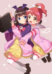  2girls absurdres blue_eyes book bow bowtie brown_hair brown_shoes capelet cardigan commentary_request dress hair_ornament hairband highres holding holding_book hug hug_from_behind kurosu_aroma loafers medium_hair multicolored_thighhighs multiple_girls open_book open_cardigan open_clothes paprika_private_academy_school_uniform pink_bow pink_bowtie pink_cardigan pink_hairband pink_thighhighs pleated_dress ponytail pretty_series pripara purple_capelet rayuse red_hair sailor_collar school_uniform shiratama_mikan shoes smile striped_clothes striped_thighhighs thigh-highs two-sided_capelet two-sided_fabric two-tone_thighhighs white_sailor_collar white_thighhighs wing_hair_ornament yellow_dress yellow_eyes 