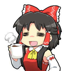  1girl =_= armpits ascot black_hair bow coffee coffee_mug collared_shirt cup detached_sleeves frilled_bow frills hair_bow hair_tubes hakurei_reimu holding holding_cup long_sidelocks mug no_nose open_mouth raised_eyebrows rakkidei red_bow red_shirt satisfied shirt sidelocks simple_background solo touhou upper_body white_sleeves yellow_ascot 