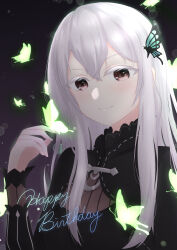  1girl absurdres black_background black_dress bug butterfly butterfly_hair_ornament butterfly_on_hand commentary_request dress echidna_(re:zero) english_text glowing green_butterfly grey_eyes hair_between_eyes hair_ornament happy_birthday highres long_hair looking_at_viewer rain_re_a re:zero_kara_hajimeru_isekai_seikatsu smile solo white_hair 