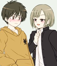 2boys akasata black_eyes black_hair blazer blush closed_mouth commentary_request grey_background grey_hair hood hoodie jacket kishibe_souta mahou_shoujo_ikusei_keikaku mahou_shoujo_ikusei_keikaku_f2p mahou_shoujo_ikusei_keikaku_unmarked multiple_boys osanai_kaoru shirt short_hair smile sweat white_shirt yellow_eyes yellow_hoodie 