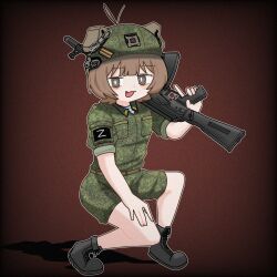  1girl ahoge ak-74m animal_ears assault_rifle bags_under_eyes belt black_boots blunt_bangs boots camouflage camouflage_helmet camouflage_jacket camouflage_shorts character_request check_character dog_ears fang green_belt green_jacket green_shorts grey_eyes gun helmet highres holding holding_gun holding_weapon hololive inugami_korone jacket jephy_0 kalashnikov_rifle light_blush military morale_patch over_shoulder patch red_background ribbon_of_saint_george rifle russia russian_ground_forces russian_text russo-ukrainian_war shirt shorts smile soldier solo squatting striped_clothes striped_shirt telnyashka weapon weapon_over_shoulder z_(russian_symbol) 