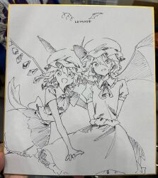  2girls absurdres ascot back_bow bat_wings bow brooch circle_yomado collared_shirt commentary_request crystal crystal_wings flandre_scarlet frilled_shirt_collar frilled_skirt frills hat hat_ribbon highres jewelry looking_at_viewer mob_cap multiple_girls open_mouth photo_(medium) puffy_short_sleeves puffy_sleeves remilia_scarlet ribbon shikishi shirt short_sleeves signature skirt smile touhou traditional_media translation_request vest wings 