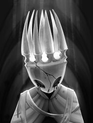  1boy arthropod_boy black_eyes black_liquid commentary cracked_mask crown english_commentary gz14ni highres hollow_eyes hollow_knight horned_mask horns mask pale_king_(hollow_knight) robe upper_body white_mask 