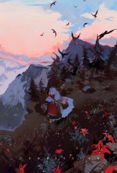  1girl animal bag bird black_bag black_bird cane clouds commission dress evening flock flower flower_request hand_up highres holding holding_cane landscape layered_dress long_sleeves looking_at_viewer mountain nature original outdoors red_flower scenery sfrabbit shoulder_bag solo standing star_(sky) tree waving white_hair wide_shot 