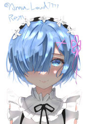  1girl absurdres amu_(amu_loud7777) artist_name bilingual_commentary black_ribbon blue_eyes blue_hair character_name closed_mouth collar commentary english_commentary frilled_collar frilled_sleeves frills hair_ornament hair_over_one_eye highres instagram_username light_blush lips looking_at_viewer maid maid_headdress mixed-language_commentary neck_ribbon pink_ribbon re:zero_kara_hajimeru_isekai_seikatsu rem_(re:zero) ribbon roswaal_mansion_maid_uniform short_hair simple_background sleeveless smile solo straight-on twitter_username upper_body white_background x_hair_ornament 